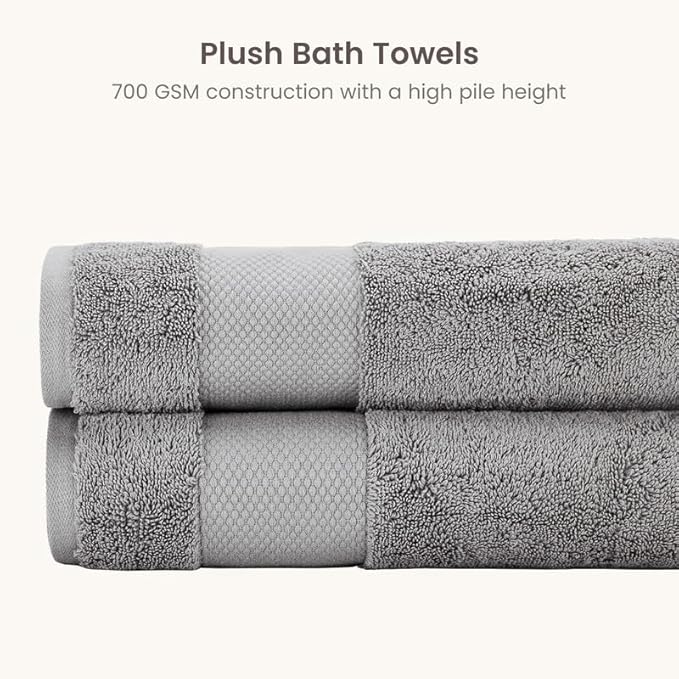 BIOWEAVES 100% Organic Cotton 700 GSM Plush Bath Towels 30" x 58" GOTS Certified - Light Grey, Pack of 2