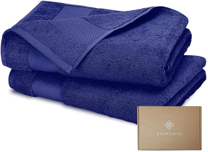 BIOWEAVES 100% Organic Cotton 700 GSM Plush Luxury Bath Towels for Bathroom 30" x 58" GOTS Certified - Navy Blue, Pack of 2