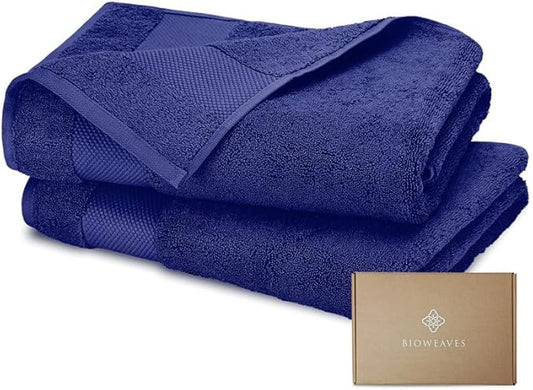 BIOWEAVES 100% Organic Cotton 700 GSM Plush Luxury Bath Towels for Bathroom 30" x 58" GOTS Certified - Navy Blue, Pack of 2