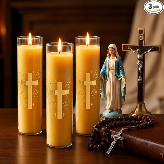 Beeswax Pillar Candles in Glass Jar,3-Pack 128H Burn,Yellow Unscented Prayer Candle