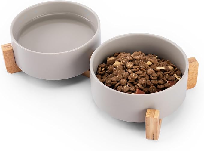 MateeyLife Ceramic Dog and Cat Bowls with Stand, 2-Pack Food and Water Bowl Set - Non-Slip Pet Bowls for Small & Medium Size Dogs，28.7OZ(Grey)