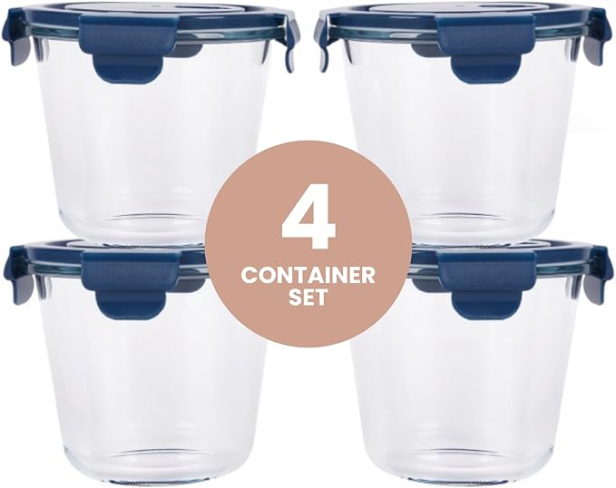 Reusable Round Glass Meal Prep Containers With Lids (4 sets) - 25oz/ 3 Cup Food Storage Containers With Lids - Airtight Microwave Safe Lunch & Soup Containers Glass - Ideal for Meal Prep