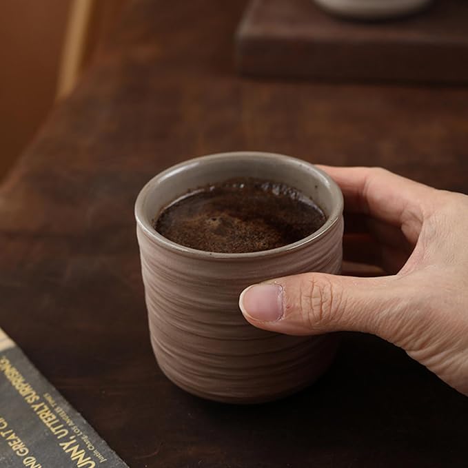 Vintage Ceramic Mug, Japanese Tea Cup 6oz Cup No Handle Drinking Cup for Espresso, Cortado, Matcha, Green Tea, Unglazed Porcelain Arty Mug (Natural Earthiness Finish)