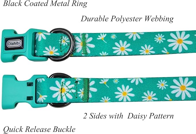 Dog Collar Leash Set, Floral Pattern, Polyester Material, Adjustable Collar and 5ft Matching Leash, for Medium Dogs.(M, Green Daisy)