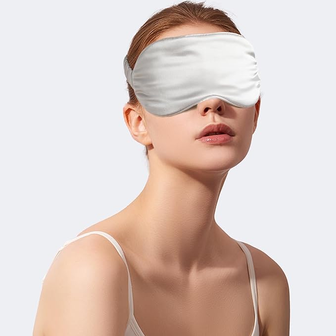 100% 22 Momme 6A Grade Double-Sided Pure Mulberry Silk Eye Mask Soft Breathable Sleep Blindfold with Elastic Headband for Men and Women Pack of 1 (Sliver)