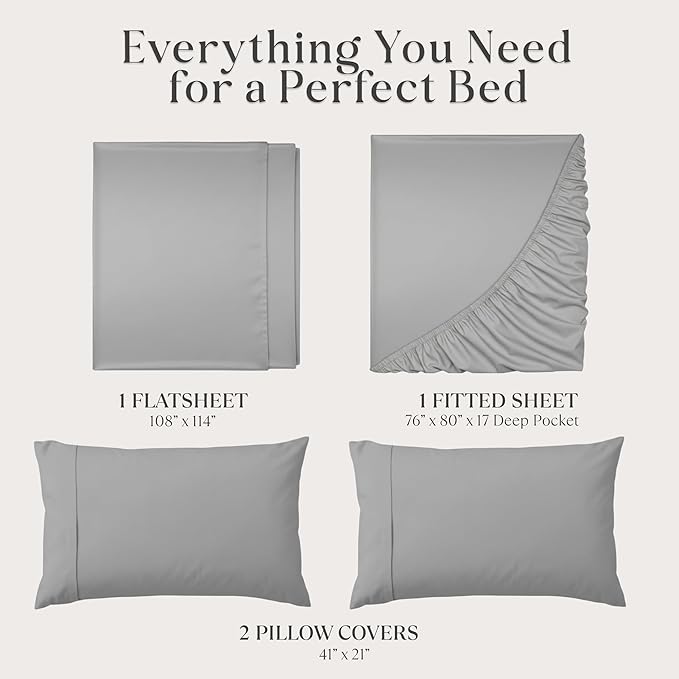 Delilah Home 100% Organic Cotton King Flat Sheet Set, GOTS & Vegan.org Verified, Long Stem 300 TC Sateen Bedding, Non-Synthetic, Deep Pocket Fitted Linen, Lightweight, All-Season, 4 Piece Set - Grey