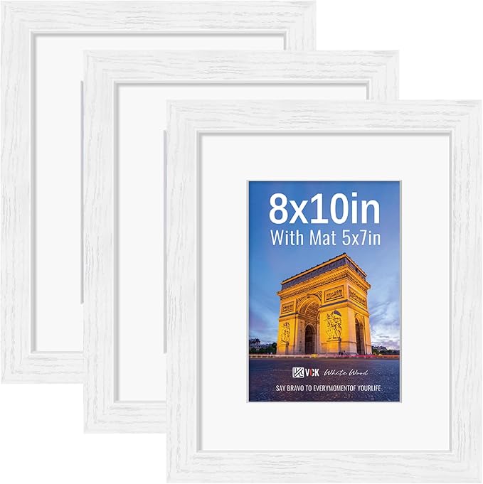 VCK 8x10 Picture Frames White 3 Pack, Wide Border Wood, Tempered Glass, Display 5x7 Photo with Mat or 8 x 10 without, for Home, Office, Gallery, Woodgrain Series, Tabletop & Wall Hanging