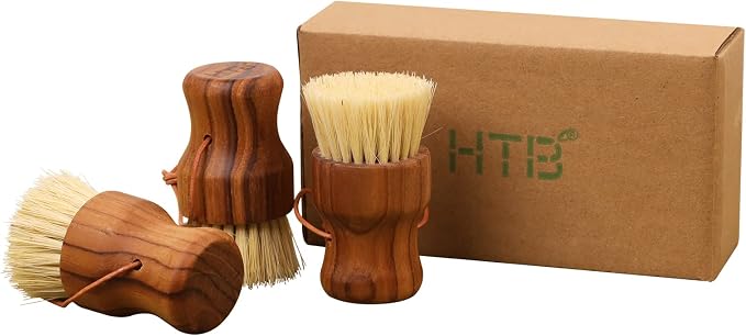 HTB Teak Wood Dish Scrub Brush 3PCS,FSC-Certified | Small Wooden Dish Brush with Teak Handle & Sisal Bristles for Kitchen,Cleaning Scrubbers Set for Pan,Pot,Vegetable,Fruit