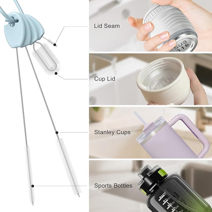 YOTIME 4in1 Straw Cleaner Brush Set, Reusable Standing Straw Brushs with Holder Ring, for Wide and Narrow Straws, Tumblers, Water Bottles and Cups, Blue