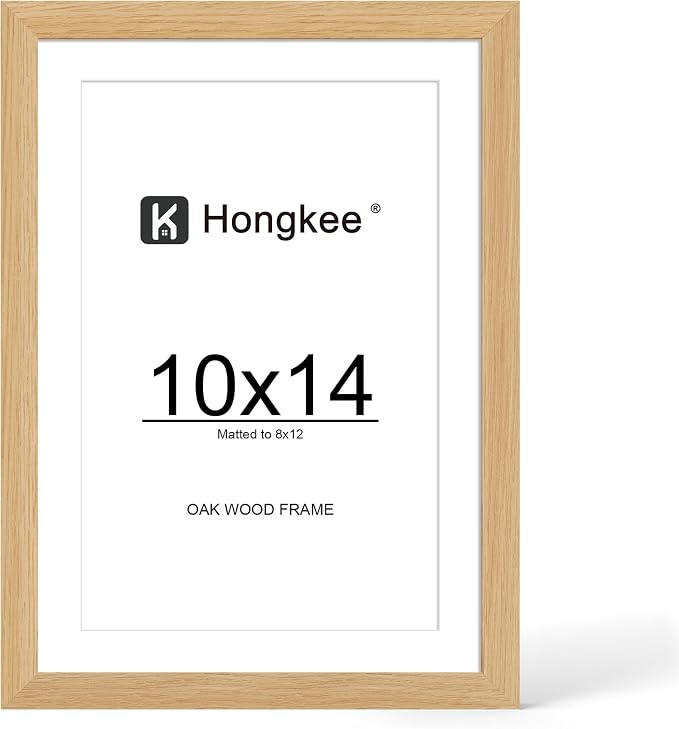 Hongkee 10x14 Oak Wood Picture Frame 1 Pack(Matted 8x12), Real Glass Cover | Natural, 10 x 14 Solid Wood Frame for Wall or Tabletop Display - Includes Easel Back, Vertical Hang - Ideal for Home, Office
