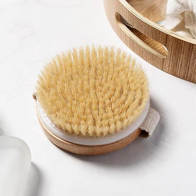 Joyful Living Round Dry Body Brush, Natural Boar Bristle | Handheld Wooden Scrubber, For Exfoliating, Cellulite & Detox, With Storage Bag