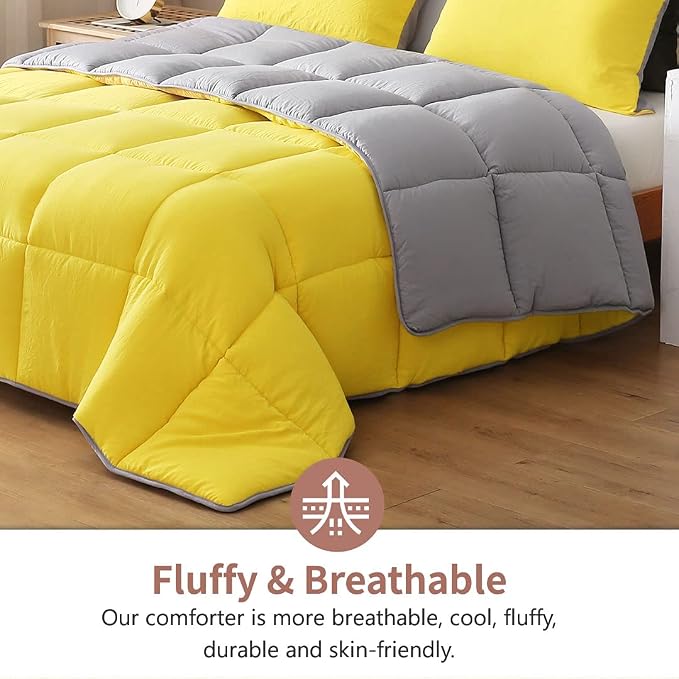 APSMILE Reversible Full/Queen Bed Comforter - All-Season Down Alternative Comforter, Ultra-Soft Cloud Fluffy Microfiber Quilt Duvet, Illuminating Yellow/Ultimate Gray