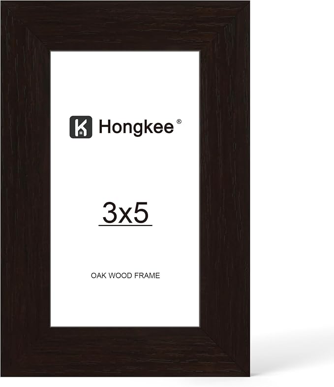 Hongkee 3x5 Oak Wood Picture Frame (1 Pack, Black) with Real Glass Cover | Solid Wood 3 x 5 Small Frame for Wall or Tabletop Display - Includes Easel Back, Vertical Hang - Ideal for Home, Office