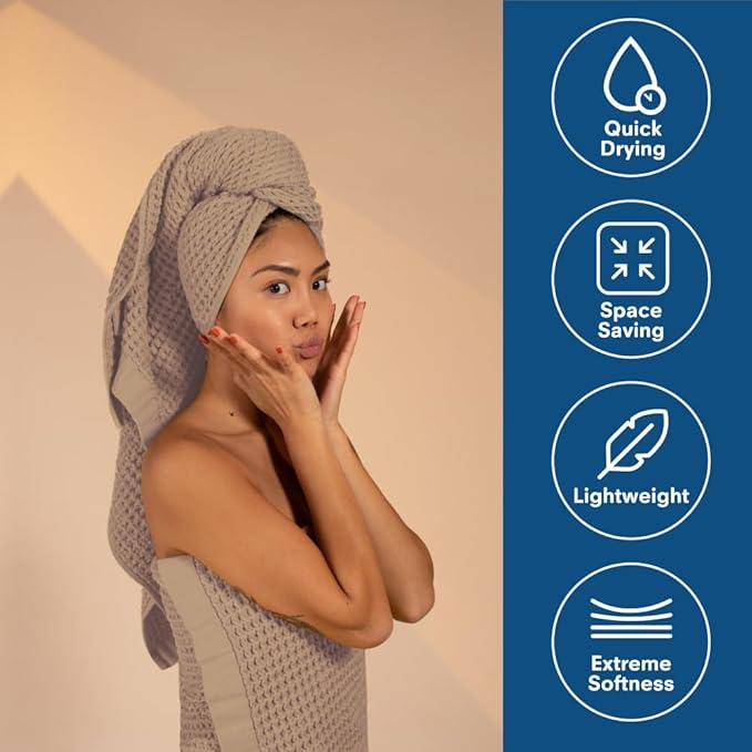 ONSEN Supima® Waffle Bath Sheet Set, Quick Dry Lint Free 100% USA Cotton, Large Bath Sheet Hand and Face Towel Bundle, 3 Piece (Oatmeal, Bath Sheet Set)