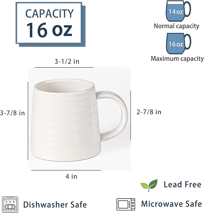 Large Ceramic Coffee Mugs, Handmade Pottery Mug, Tea Cups with Handle for Office and Home, 16 Ounces, Dishwasher and Microwave Safe (White)