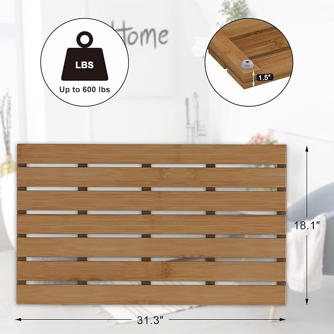 Bamboo Wooden Bath Floor Mat for Luxury Shower - Non-Slip Bathroom Waterproof Carpet for Indoor or Outdoor Use (Walnut,31.3 x 18.1 x 1.5 Inches)