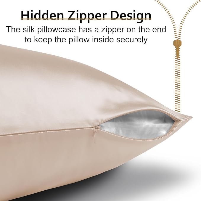 Ravmix Silk Pillow Cases with Zipper, 21momme Mulberry Silk Pillowcase for Hair Skin Health, Soft Smooth Breathable Cool Pillow Cover for Beauty Sleep with Gift Box 1PC(Queen 20"x30", Beige)