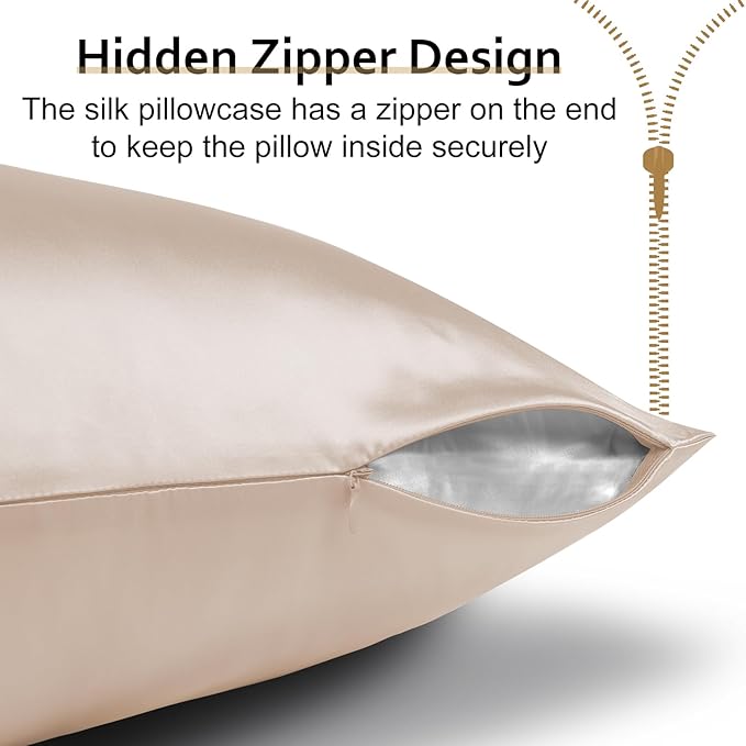 Silk Pillow Cases 2 Pack for Hair and Skin, Ravmix Cooling Pillow Cases Both Sides Mulberry Silk Pillowcases Set of 2 with Hidden Zipper, Queen Size 20×30inches, Cream Beige