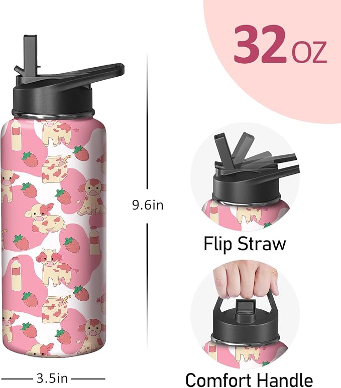 32oz Pink Cow Strawberry Water Bottle with Handle and Flip Straw,Animal Sports Stainless Steel Insulated Cup Travel Coffee Mug Tumbler, Birthday Mothers Day Chritmas Gifts for Women