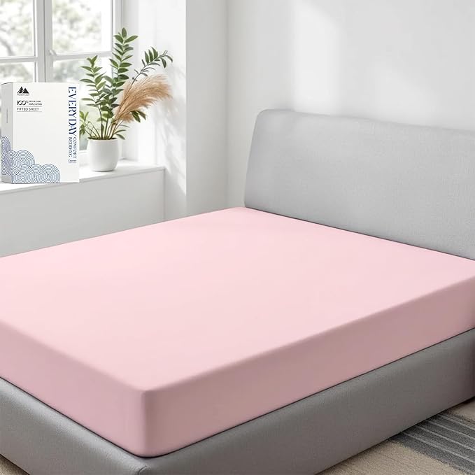 Mayfair Linen 100% Organic Cotton Percale Weave Fitted Sheet Twin XL Size, Blush, 1 Deep Pocket Twin XL Fitted Sheet, Fits Mattress Upto 16" Crisp and Cool Bed Linen, Luxury GOTS Certified Sheets