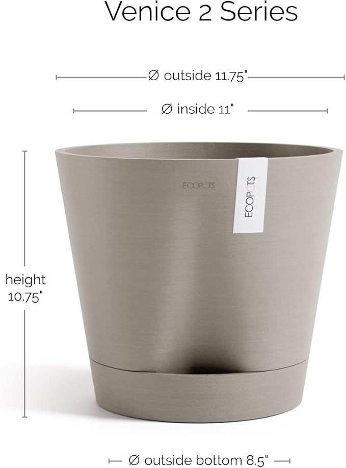 Ecopots Venice 2 Durable Modern Round Indoor/Outdoor Recycled-Based Composite Flower Pot Planter w/Water Reservoir, Taupe, 12"