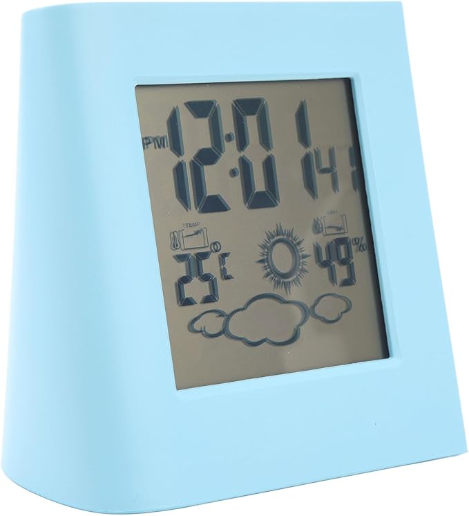 Solar Powered Dual Energy Alarm Clock with Weather Forecast and Temperature Humidity Display for Home Office (Blue)