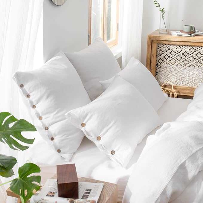 Simple&Opulence 100% Linen Euro Shams with Coconut Button (26'' x 26'') - Pack of 2 - Washed Solid Color Natural Flax Soft Breathable - White