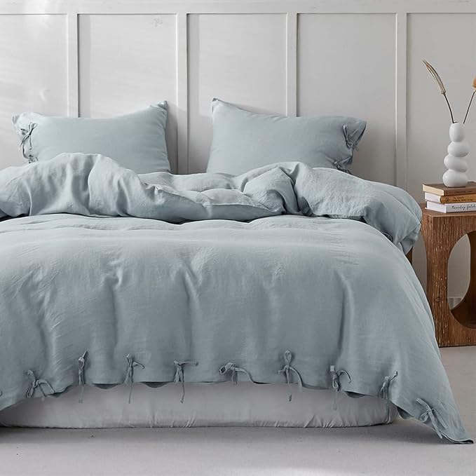 Simple&Opulence 100% Linen Duvet Cover Set 3pcs with Bowknot Ties Closure Natural French Washed Flax Solid Color Soft Breathable Farmhouse Bedding - Dusty Blue, Queen Size