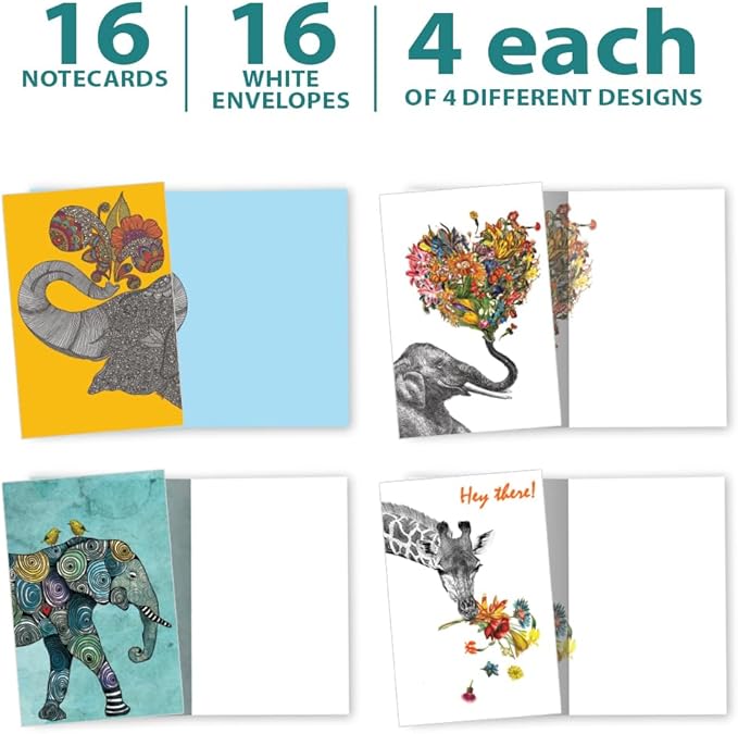 Tree-Free Greetings Elephant and Giraffe All Occasion Cards - 16 Recycled 4x6 Cards & White Envelopes, Thick Cardstock, Made in USA - Happy Artful Animals