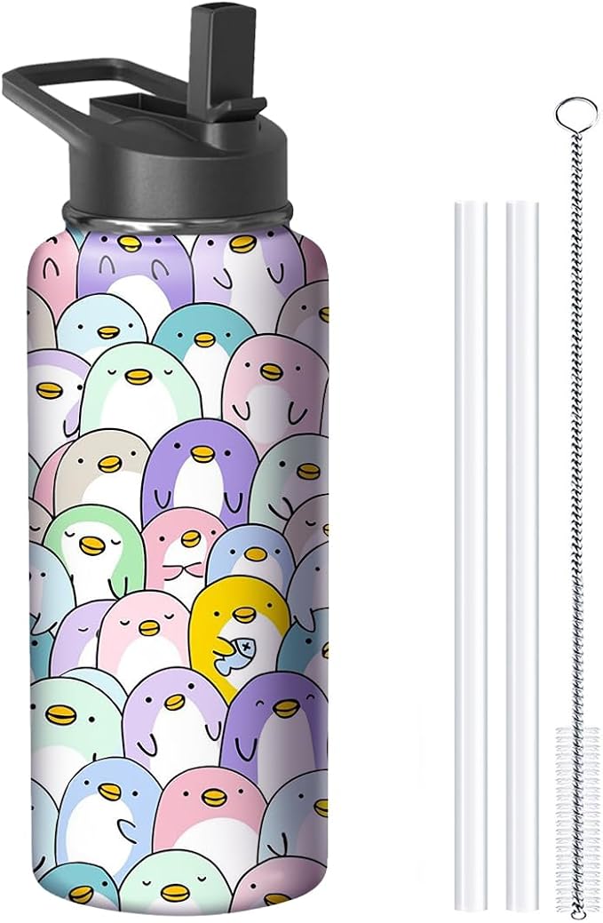 18oz Penguin Water Bottle with Handle and Flip Straw, Animal Sports Stainless Steel Insulated Cup Travel Coffee Mug Tumbler, Birthday Mothers Day Chritmas Gifts for Women