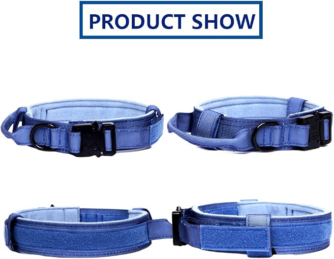 Tactical Dog Collar and Leash Set Adjustable Military Nylon Dog Collar with Control Handle and Heavy Duty Metal Buckle for Large Dogs（Dark Blue L