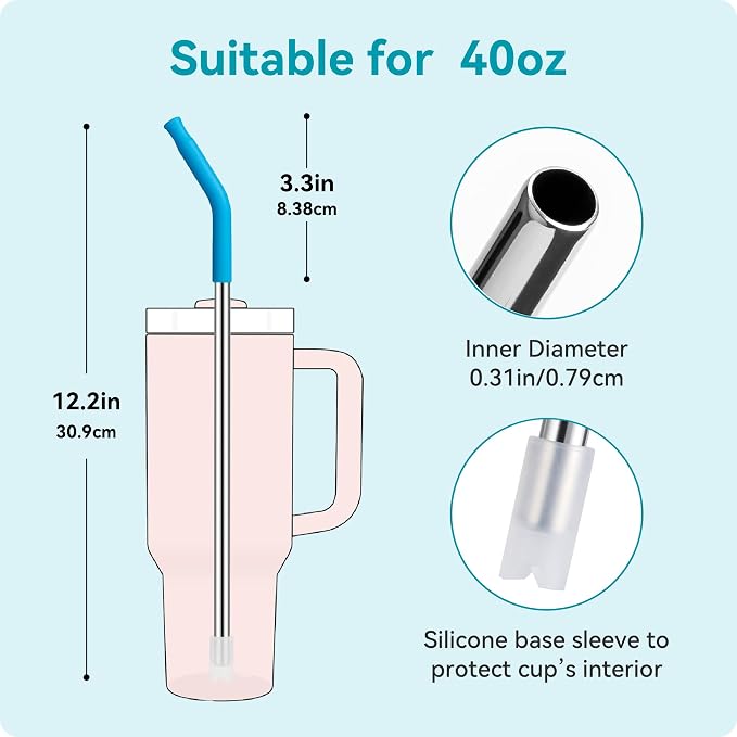 40 oz Straight Metal Straws for 40 oz Stanley Tumbler | 6 Pcs Stainless Steel Reusable Drinking Metal Straw with Colourful Silicone Tips,Straw for Glass Cups, BPA FREE