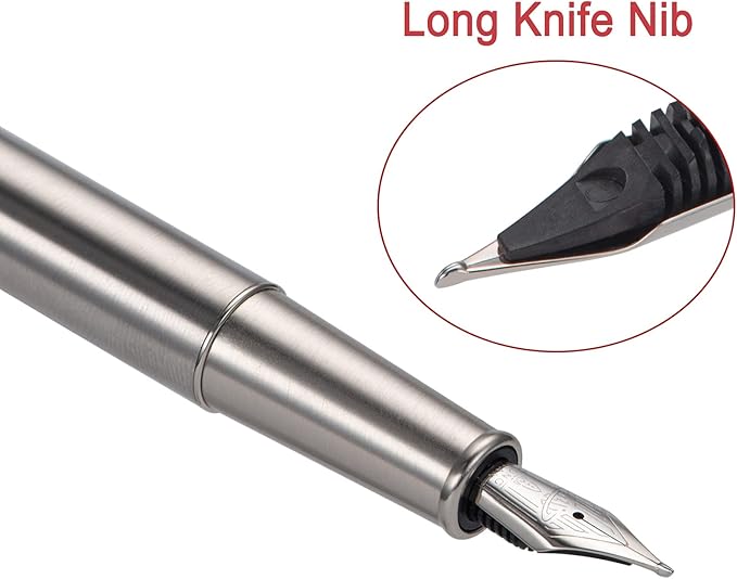 HONG DIAN 1861 Fountain Pen, Long Blade Nib, Silver Stainless Steel Design with Converter and Metal Pen Case Set