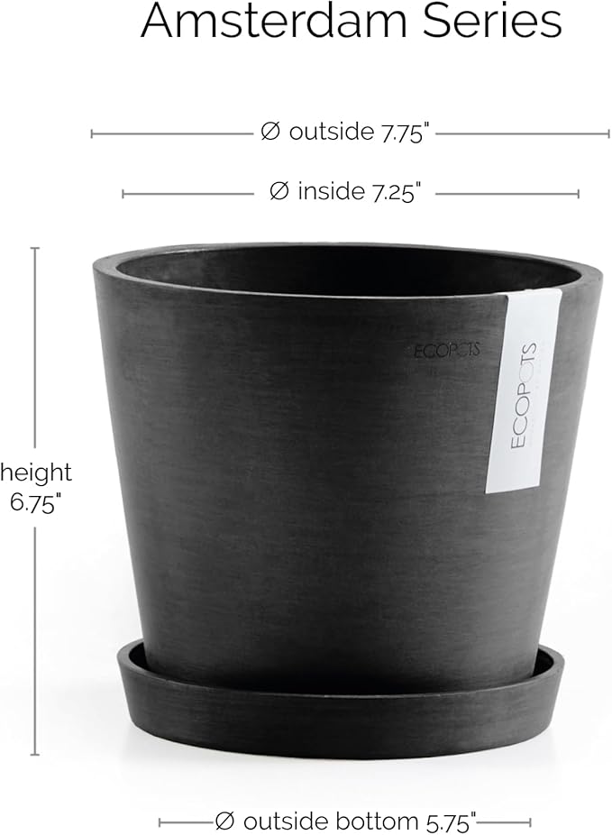 Ecopots Amsterdam Durable Modern Round Indoor/Outdoor Recycled-Based Composite Flower Pot Planter w/Water Reservoir, Dark Grey, 8"