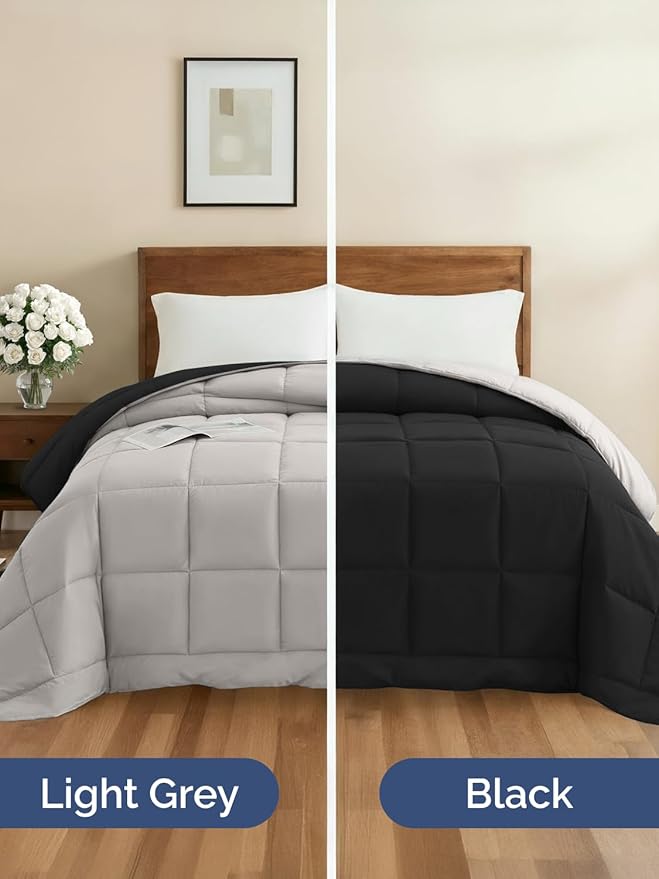 King Size, Black & Light Grey Alternative Down Comforter - Warm, Lightweight & Breathable Hotel Quality Bedding Set for Men, Women, Kids & Teens - All Season Cooling Microfiber Duvet Insert Comforter