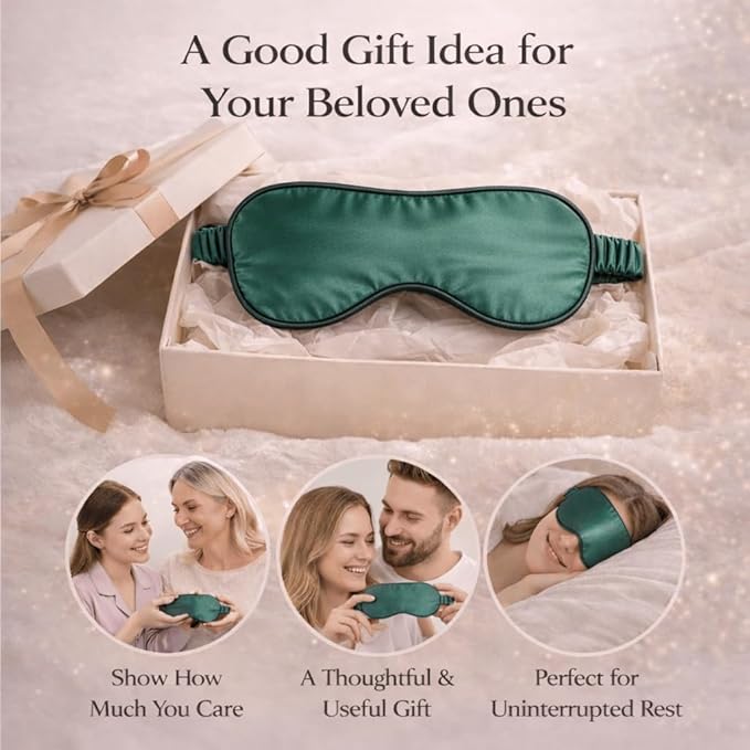 100% Mulberry Silk Sleep Mask for Women/Men Airplane Travel, Pure 22 Momme Silk Eye Mask Blackout for Sleeping, Ajustable, Luxury, Anti Wrinkle, Anti Aging Silk Blindfold, Made in USA (Emerald Green)