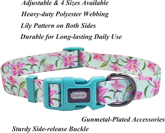 Dog Collar Leash Set, Floral Pattern, Polyester Material, Adjustable Collar and 5ft Matchcing Leash, for Medium Dogs.(M, Green Lily)