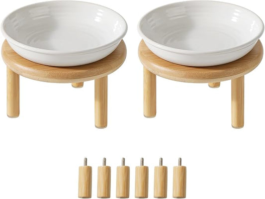 Havniva Elevated Cat Bowls Raised Ceramic Cat Bowl, 5.7” Wide Opening Cat Food Bowl Whisker Friendly Cat Dish Anti-Slip with Bamboo Stand, Shallow Pet Food & Water Bowl for Indoor Cats