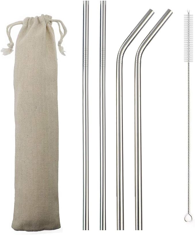 JASHII Reusable Portable Metal Straws Stainless Steel Eco-friendly Drinking Straw with Travel Cloth Bag (2 Bent 2 Straight 1 Brush),Silver