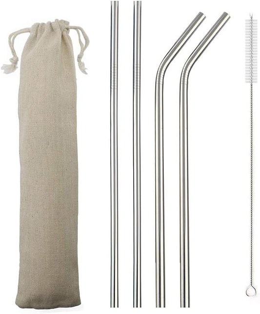 JASHII Reusable Portable Metal Straws Stainless Steel Eco-friendly Drinking Straw with Travel Cloth Bag (2 Bent 2 Straight 1 Brush),Silver