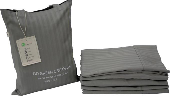 Organic Cotton Soft Sateen Stripe Bed Sheet Set - Luxury Hotel Quality - GOTS Certified - Deep Pocket - Easy Care - Queen (Steel Grey)