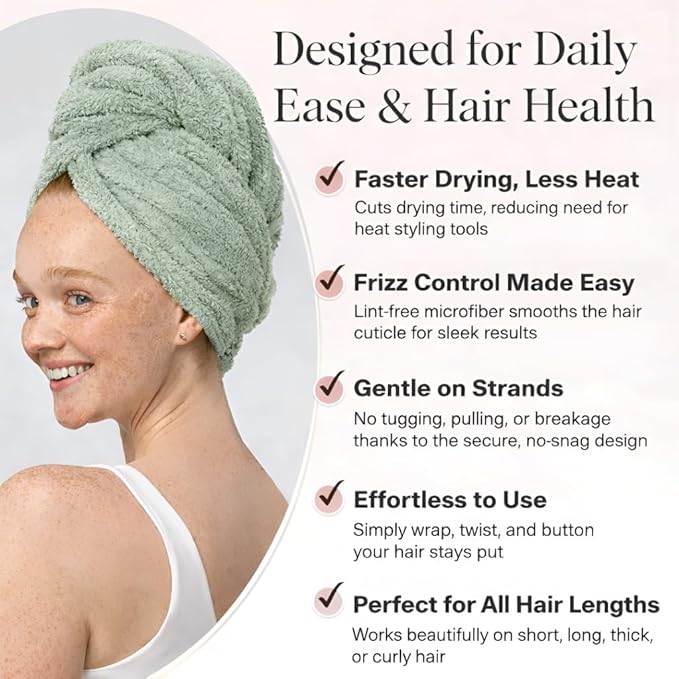 Luxury Microfiber Hair Towel Wrap for Women - Quick Dry, Super Absorbent Hair Turban, Soft & Lightweight Anti-Frizz Towel for Long, Thick & Curly Hair (Sage Green, 48" × 24")