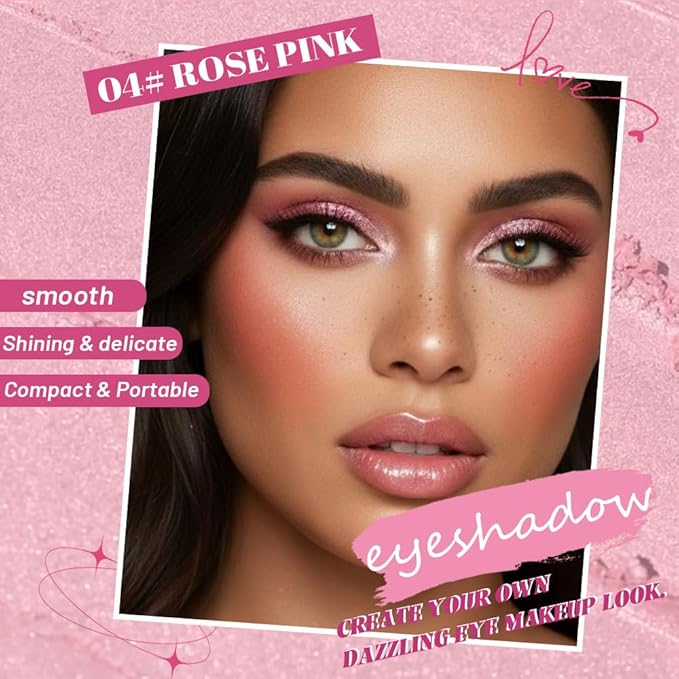 Rose Pink Single Shimmer Glittle Eye shadow Palette Makeup, Single Shimmer Eyeshadow for Older Women, High Pigment Natural Sombras Crema Para Ojos, Talc, Paraben & Cruelty Free (04#Rose Pink)