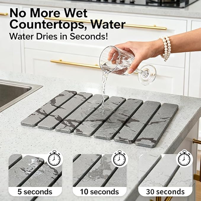 Stone Dish Drying Mat for Kitchen Counter, Quick Dry Diatomaceous Earth Dishes Mat, Foldable Water Absorbing Drying Organizer Pad for Plate Rack Bottles Utensils, Light Gray, 30x40 cm