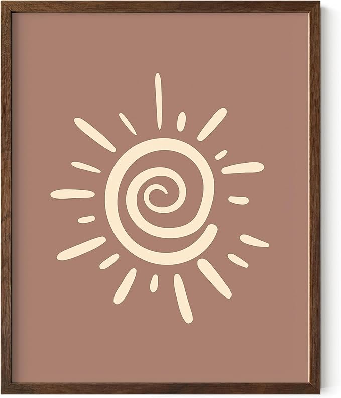 Abstract Spiral Sun Wall Art Swirl Sunburst Print Earth Tones Terracotta Tan Mid Century Modern 16x20 Inch Oak Wood Walnut Framed Tribal Boho Decor for Living Room
