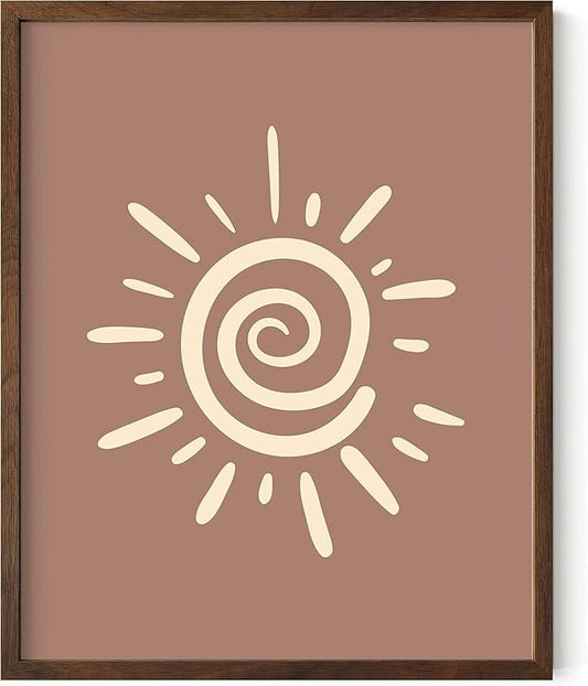 Abstract Spiral Sun Wall Art Swirl Sunburst Print Earth Tones Terracotta Tan Mid Century Modern 16x20 Inch Oak Wood Walnut Framed Tribal Boho Decor for Living Room