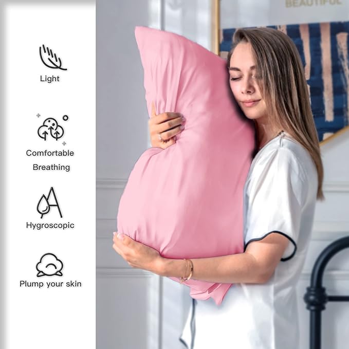 Natural Mulberry Silk Pillowcase for Hair and Skin Queen Size 20"X30" Pillow Case with Hidden Zipper Soft Breathable Smooth Cooling Silk Pillow Covers for Sleeping (Pink,Queen,1Pcs)