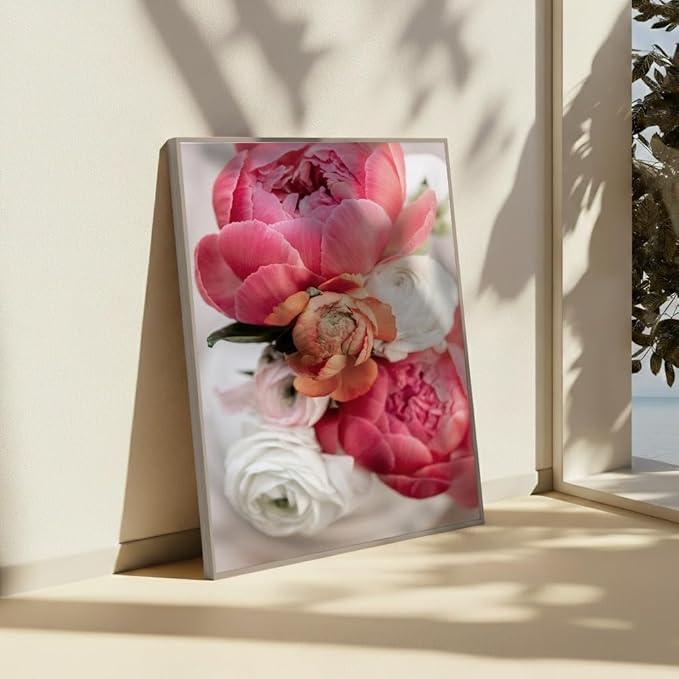Monem Art Pink Peony Floral Macro Photography Print - Romantic Flower Art Poster - Wall Decor for Living Room, Bedroom or Office - 16x20 Silver Framed CANVAS Wall Art by Mareike Bohmer