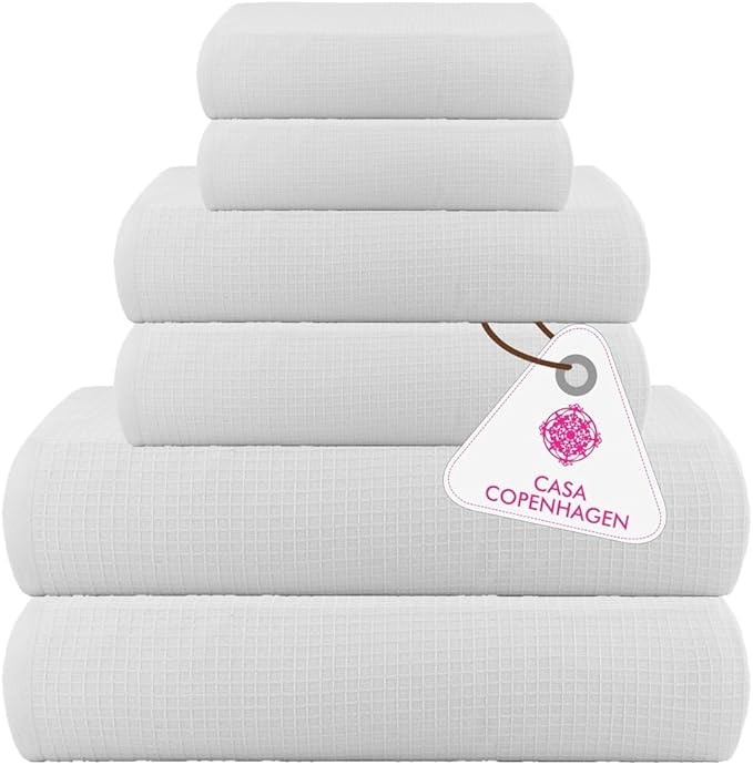 CASA COPENHAGEN Waffle 6Pcs 100% Egyptian Cotton Large Designer Towels Gift Set- Chalk White, 2Bath 2Hand 2Washcloths, Bath Towels for Bathroom (Box Pack, Gift Set for Women & Men)