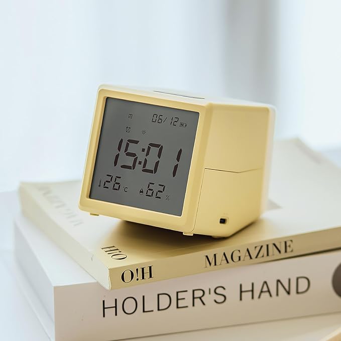 JUSTUP Digital Alarm Clock, Square Silent Alarm Clock with Night Light, Loud Alarm Clock for Heavy Sleepers with Date Temperature Display, Modern Decor Desk Clock Bedroom Office Room (Yellow)